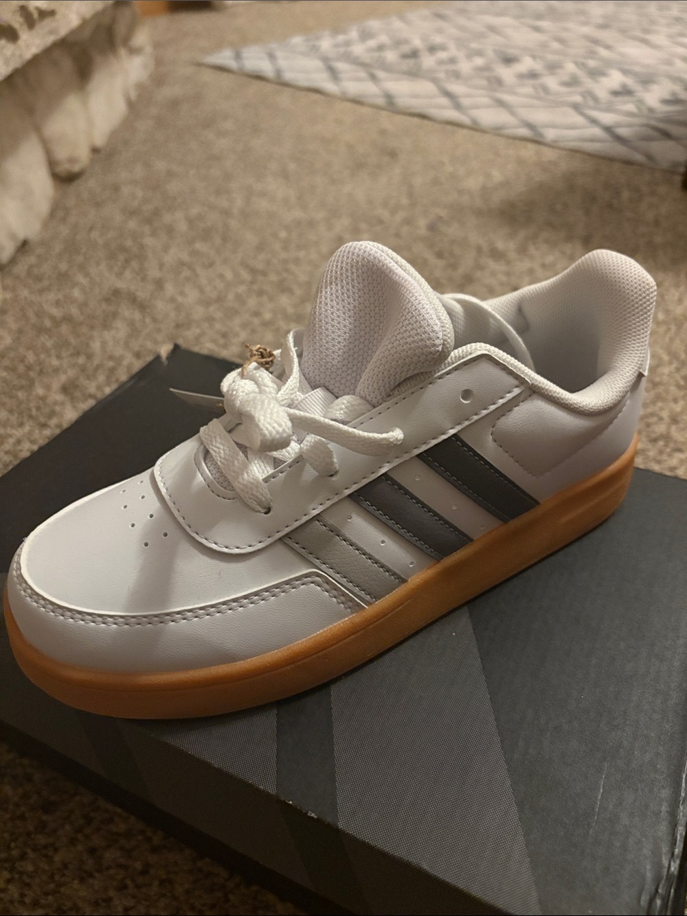 adidas White Sneakers with Grey Stripes and Gum Sole (Kids)
